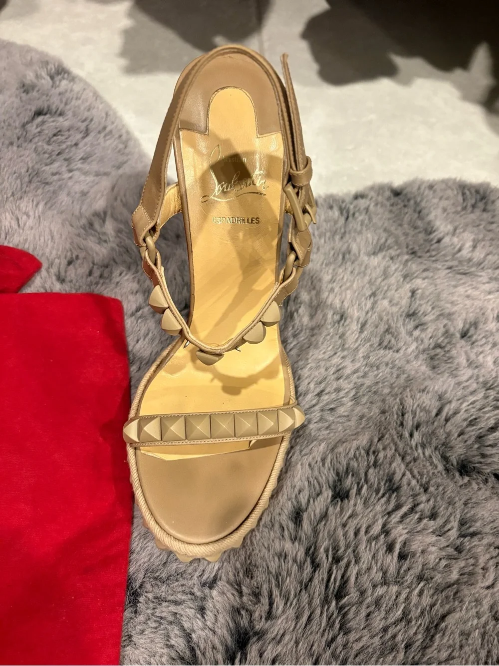 Christian Louboutin  Cataclou leather sandals Beige Studded Espadrille wedge 40